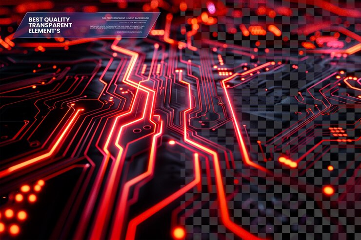 PSD tabla de circuitos digitales con rastros brillantes en un fondo transparente