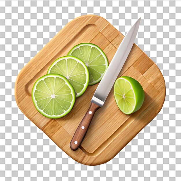Tabla de cortar y cuchillo con frutas de lima y rebanadas aisladas sobre un fondo transparente