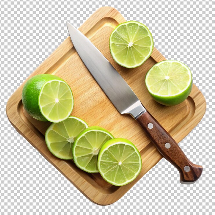 PSD tabla de cortar y cuchillo con rebanadas de frutas de lima png