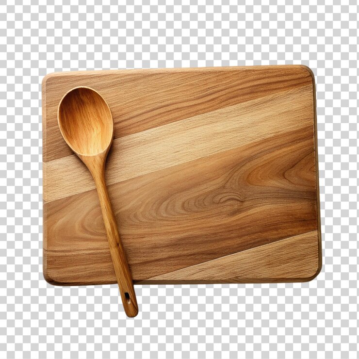PSD tabla de cortar de madera y cuchara de madera aisladas sobre un fondo transparente