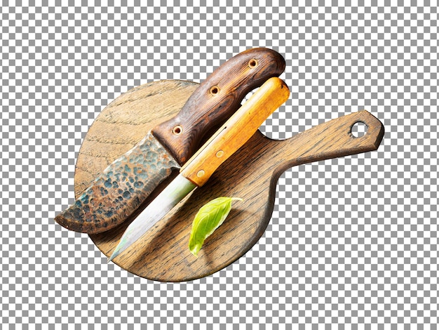 Tabla de cortar de madera con cuchillo aislado sobre fondo