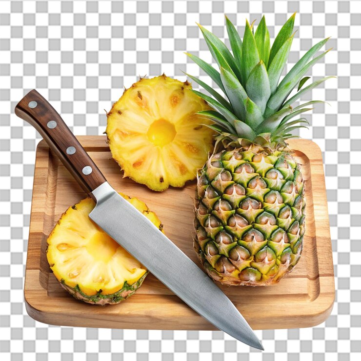 PSD tabla de cortar de madera y cuchillo con rebanadas de piña frescas aisladas sobre un fondo transparente
