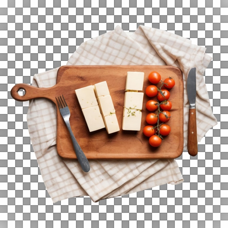 PSD tabla de cortar de madera con queso y tomates de cereza