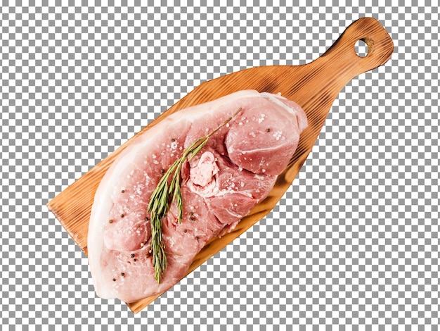 PSD tabla de cortar de madera con un trozo de carne sobre fondo transparente