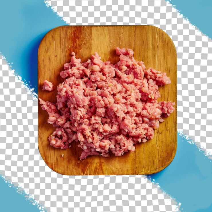 PSD una tabla de cortar con un pedazo de carne en ella y un fondo a cuadros azul y blanco