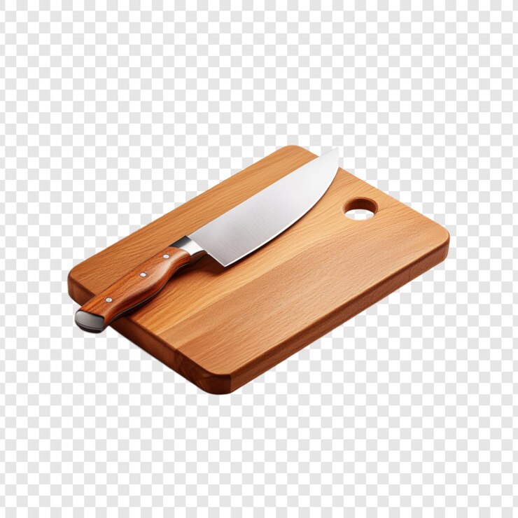 PSD tabla de cortar rectangular con cuchillo aislado sobre un fondo transparente