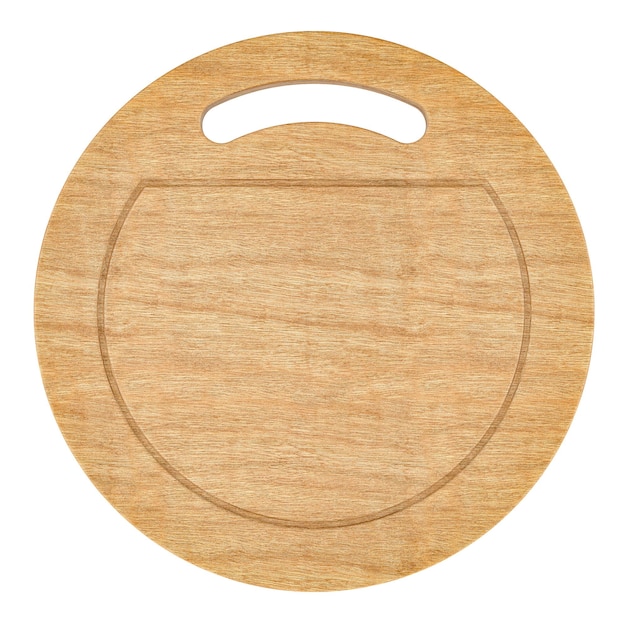 Tabla de corte con mango de madera y representación 3D circular aislada sobre un fondo transparente