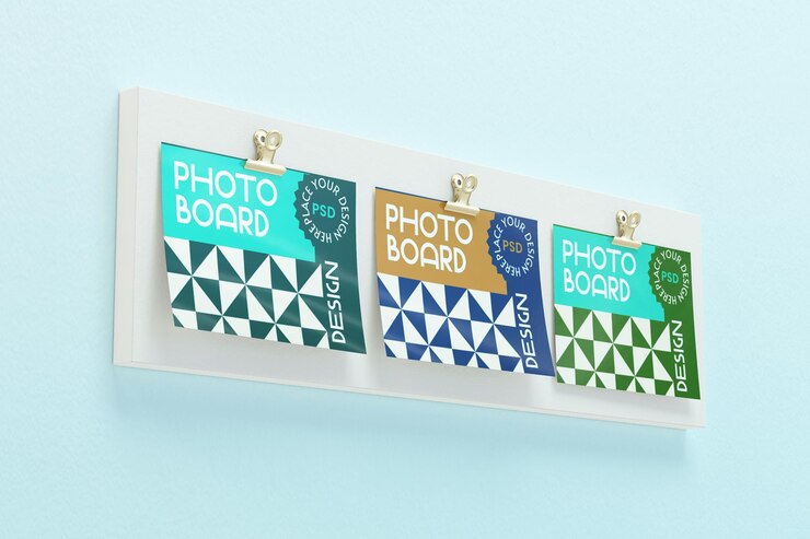 Tabla de fotos con hojas de papel adjuntas en una pared