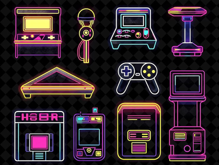 PSD tabla lateral 8 bit pixel con diseño de máquina de arcade y joysti png colección de diseño único y2k
