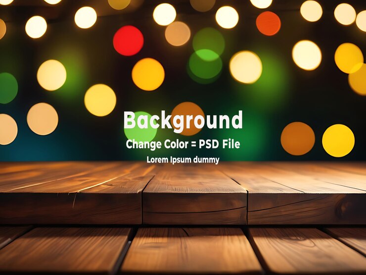 PSD tabla de madera borrosa de bokeh de fondo de fondo de luz de neón de noche de primer plano
