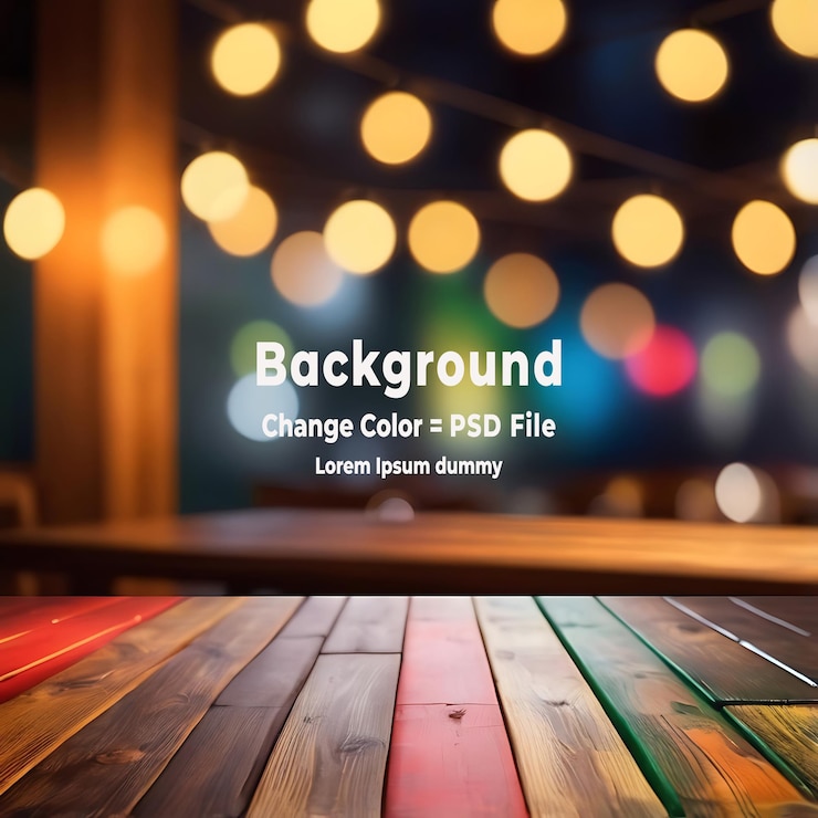 PSD tabla de madera borrosa de bokeh de fondo de fondo de luz de neón de noche de primer plano