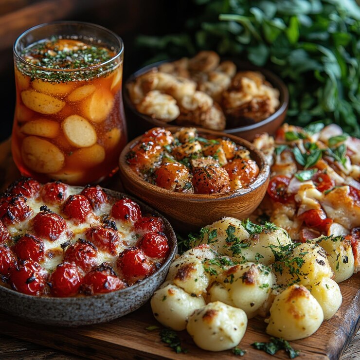 PSD una tabla de madera llena de pequeños platos de varios aperitivos, incluidos tomates horneados, croquetas de patatas y un vaso de té helado