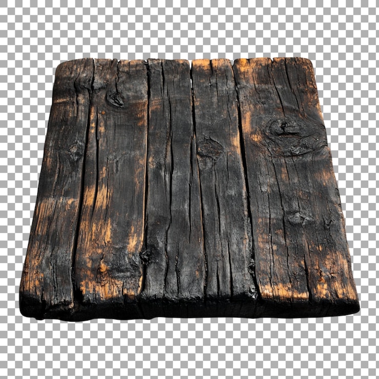 PSD tabla de madera quemada contra un fondo transparente