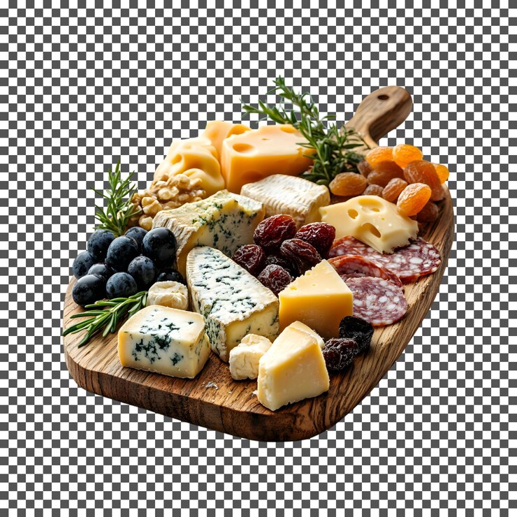 PSD tabla de queso artesanal y charcutería aislada sobre un fondo transparente