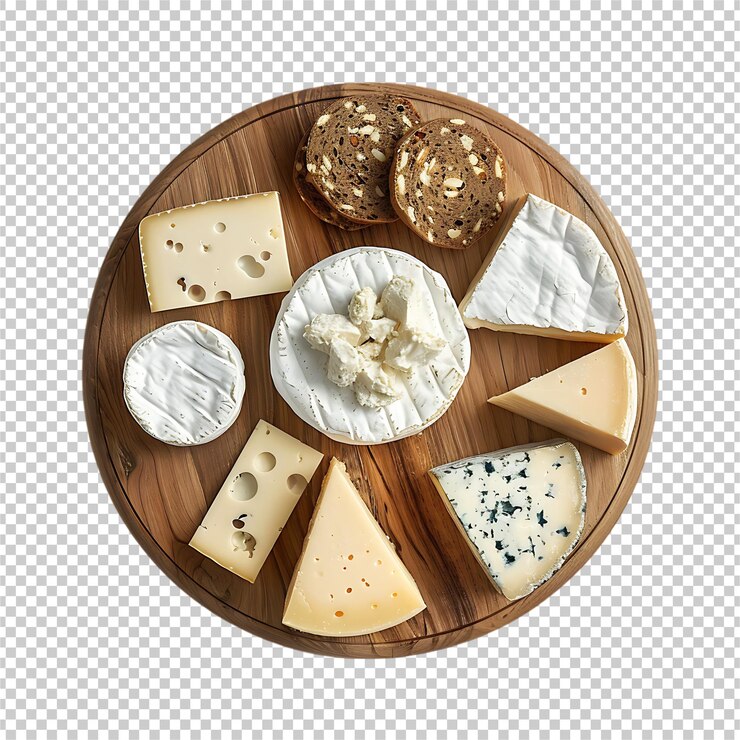 PSD tabla de queso redonda de madera con diferentes tipos de quesos italianos blandos y duros