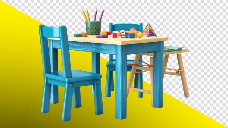 PSD tabla y sillas coloridas para niños de 39 años para juegos creativos, diversión y fondo transparente