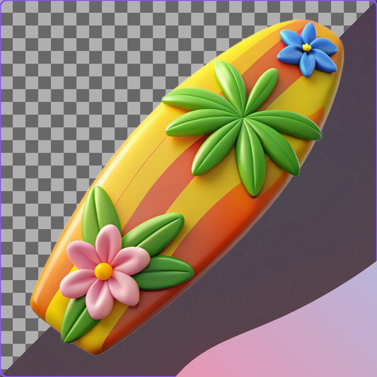 PSD tabla de surf con flores y hojas de palma ilustración 3d