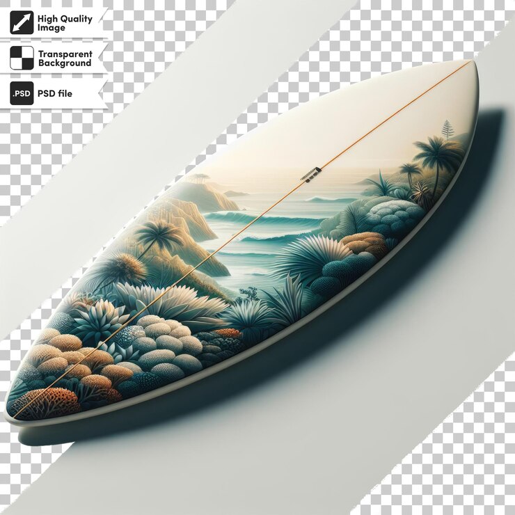 PSD tabla de surf psd en la playa en fondo transparente con capa de máscara editable