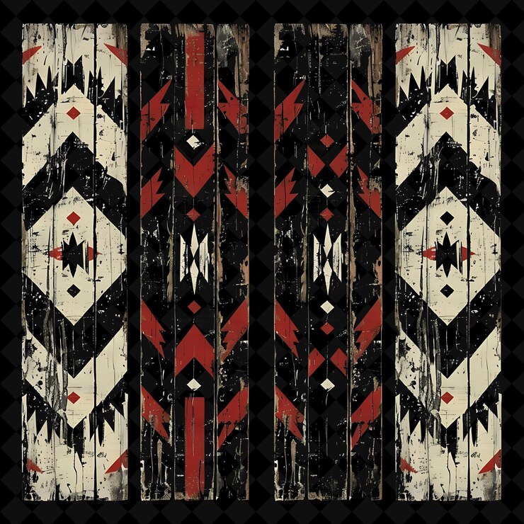 PSD tablas de madera desgastadas con patrones tribales diseño de líneas fronterizas collajes de arte de png