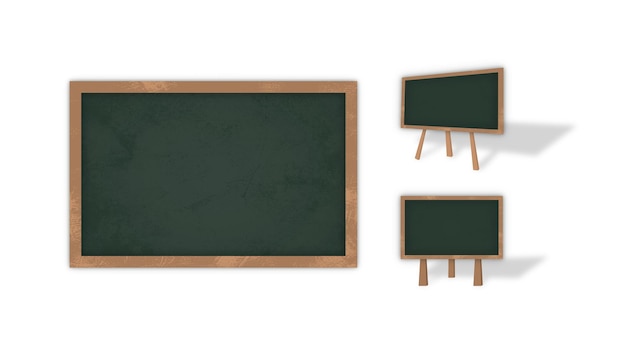 Tablas de tiza verdes vacías con marcos de madera aislados sobre un fondo blanco