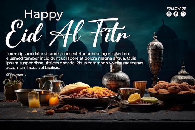 PSD table de l'aïd alfitr décorée de plats arabes avec espace de copie