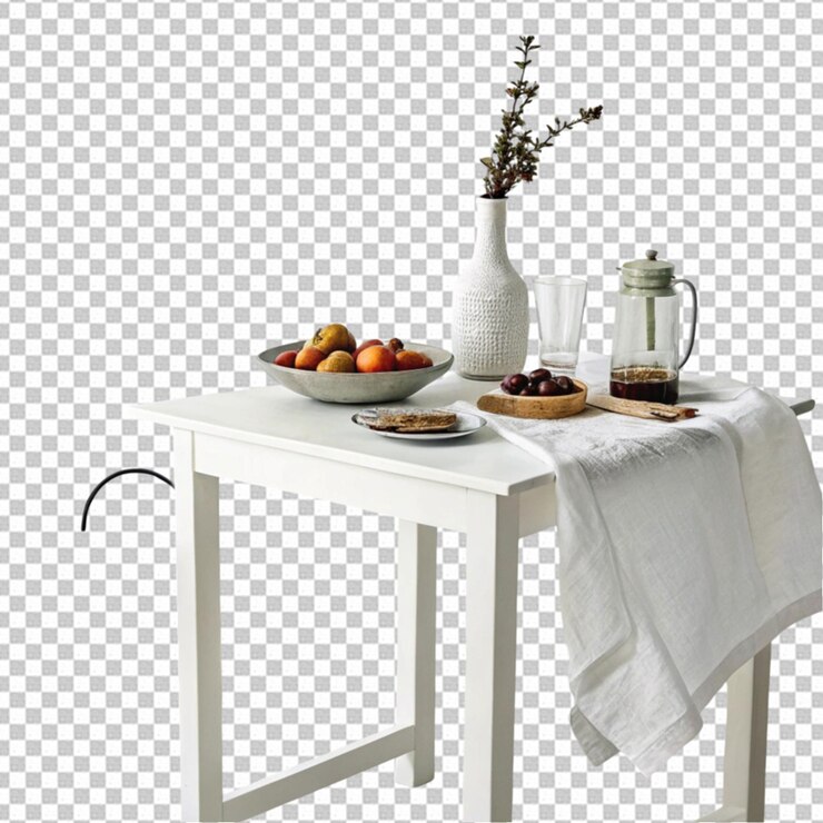 PSD table and decor in 3d rendering isolated