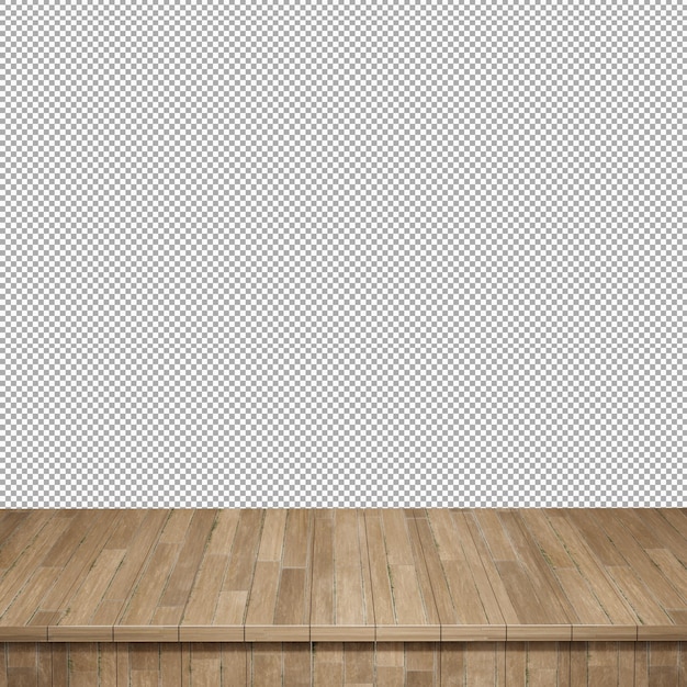 Table en bois au premier plan, dessus de table en bois vue de face rendu 3d isolé