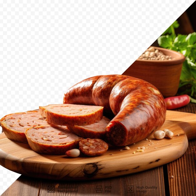 PSD une table en bois avec des saucisses et des saucisses dessus