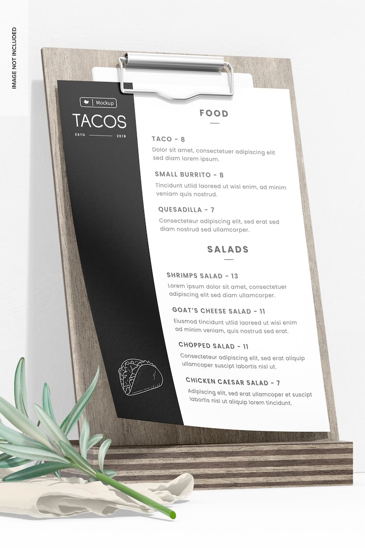 PSD table menu stand with clip mockup, low angle view
