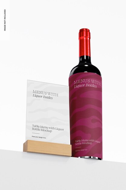 Table Menu with Liquor Bottle Mockup, Low Angle View