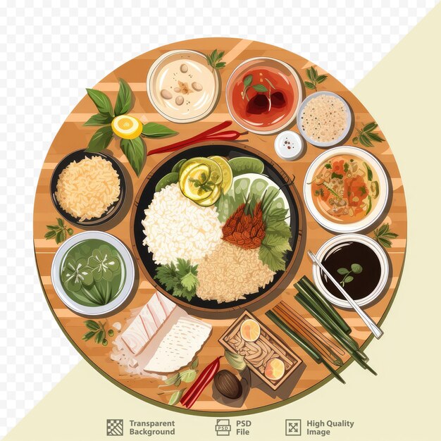 PSD une table avec un plateau de nourriture comprenant du riz, du riz, du riz et des légumes.