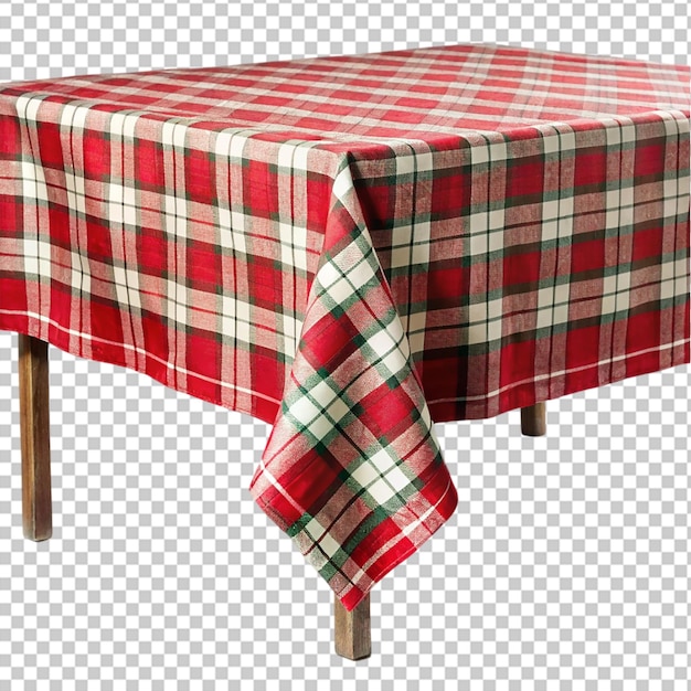 Une table ronde recouverte d'une nappe rouge et blanche sur fond blanc isolé