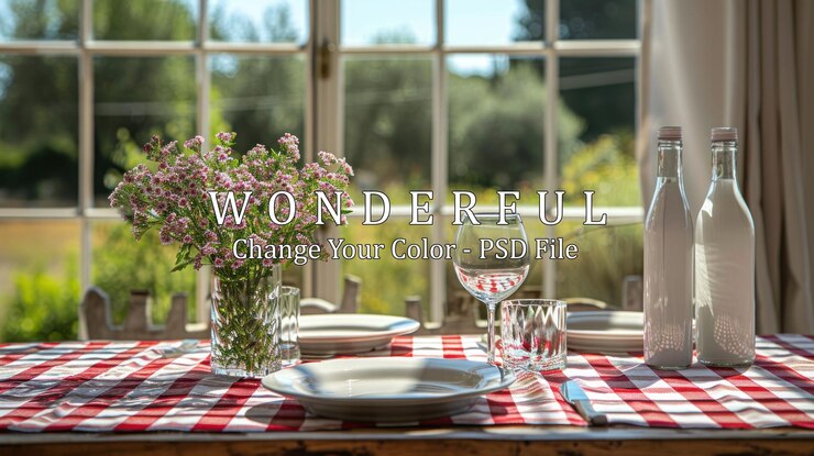 PSD table setting with pink flowers and sunlight through window