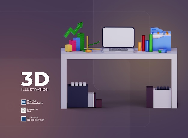 PSD table de travail 3d avec ordinateur et infographie