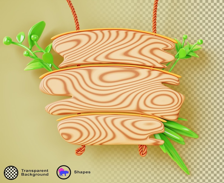 PSD tableau d'affichage 3d de texture de bois de forêt cadre de jeu ui icône de rendu jungle hanging signboard en bois sur une corde avec des feuilles vertes tropicales modèle de panneau de menu de plage en blanc de dessin animé pour le message