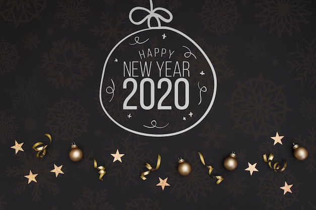 PSD tableau blanc doodle boule de noël avec le texte de la nouvelle année 2020