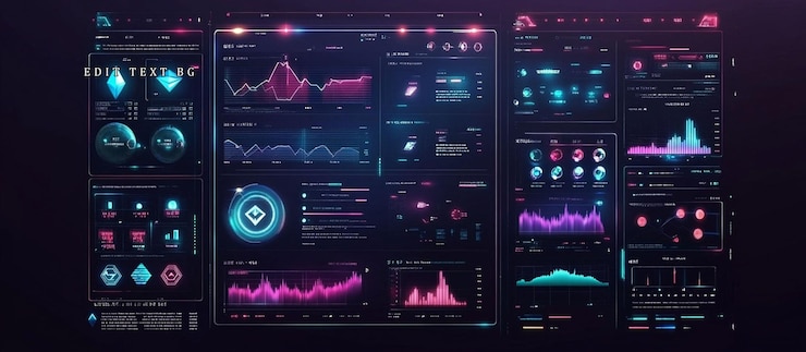 PSD tableau de bord futuriste de crypto-monnaie affichant des graphiques et des diagrammes de données de marché en temps réel