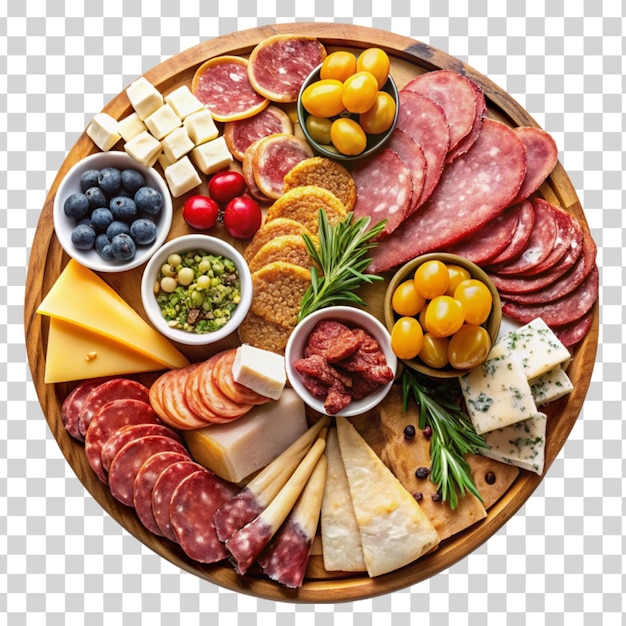 PSD un tableau de charcuterie avec un assortiment de viandes et de fromages isolés sur un fond transparent
