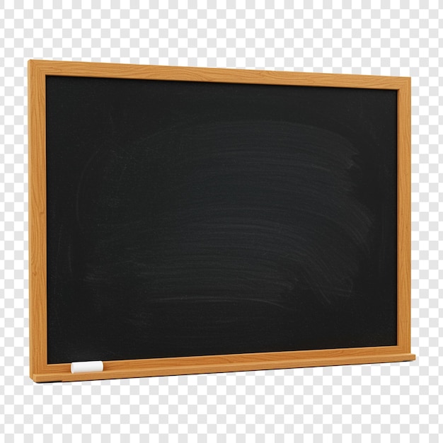 Tableau noir avec un cadre en bois et de la craie sur un fond transparent