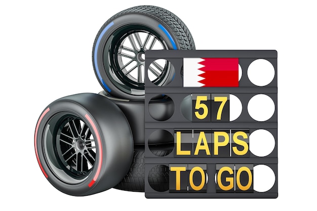 Tableau de pit de course bahreïni avec drapeau de Bahreïn et roues de course avec différents types de pneus composés rendu 3D isolé sur un fond transparent