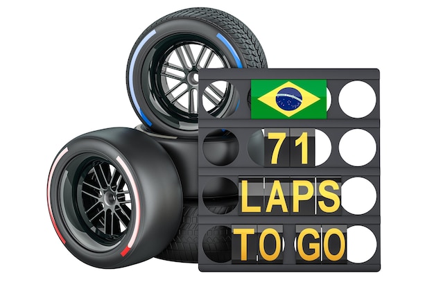 Tableau de pit de course d'Interlagos avec drapeau du Brésil et roues de course avec différents types de composés de pneus rendu 3D isolé sur un fond transparent