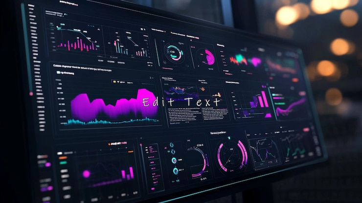 PSD tablero de análisis de datos futuristas en una pantalla grande que muestra varios gráficos y gráficos