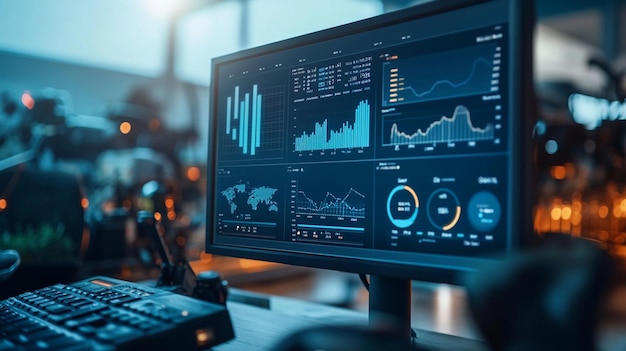 Tablero de análisis de datos mostrado en un monitor de computadora que muestra gráficos, gráficos y un mapa del mundo