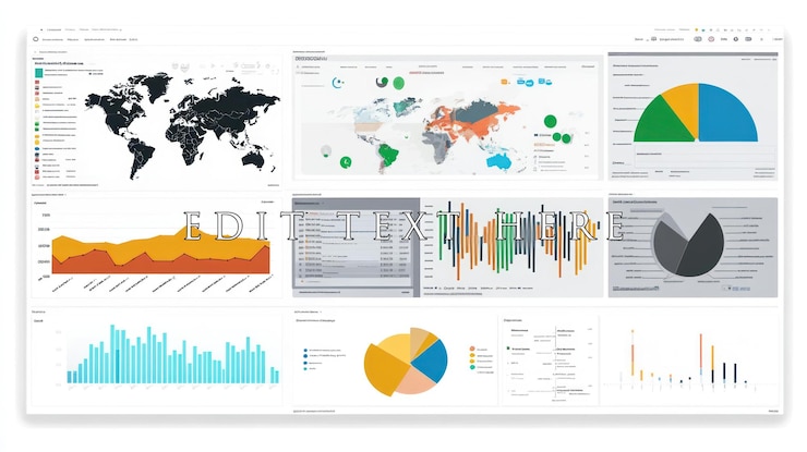 PSD tablero de análisis de datos que muestra varios gráficos y gráficos de datos globales, incluidos gráficos de barras de mapas mundiales, gráficos de pastel y gráficos lineales