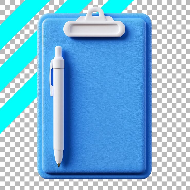 PSD tablero azul con pluma blanca y fondo transparente con rayas azules