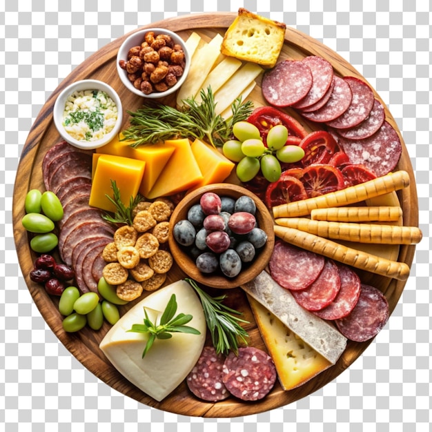 PSD un tablero de charcutería con una variedad de carnes y quesos aislados en un fondo transparente