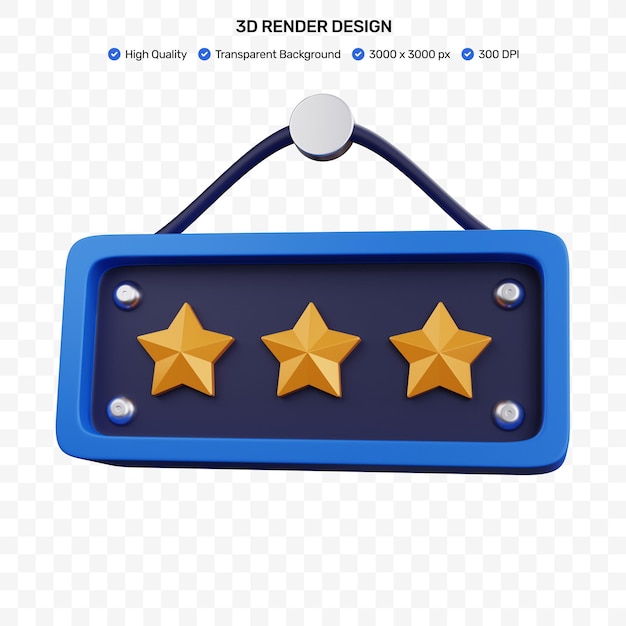 Tablero colgante de renderizado 3D con tres estrellas aisladas