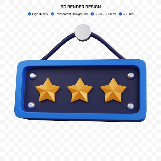Tablero colgante de renderizado 3d con tres estrellas aisladas