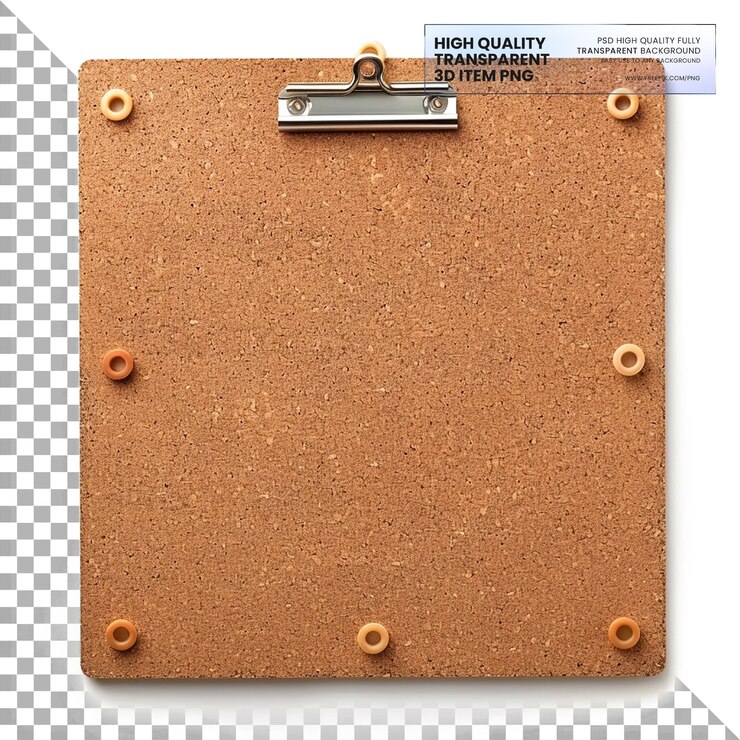 PSD tablero de corcho para fijar notas y recuerdos en un fondo transparente