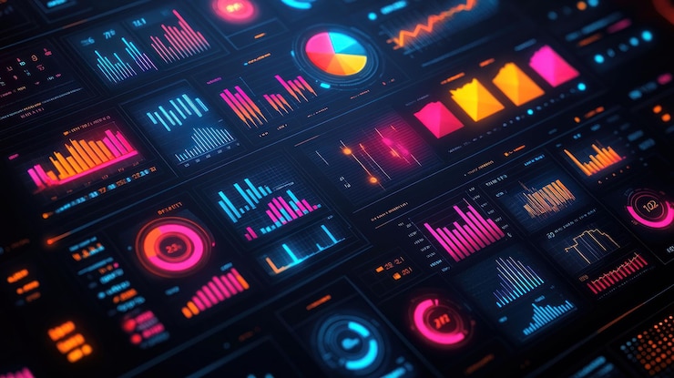 PSD un tablero futurista con varias visualizaciones de datos, incluidos gráficos, gráficos y medidores. la pantalla está llena de puntos de datos coloridos que representan varios conjuntos de datos.